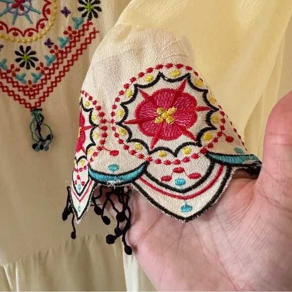 Boho Embroidered Peasant Dress Cream Fringe Festival Tunic Midi S - Picture 6 of 14